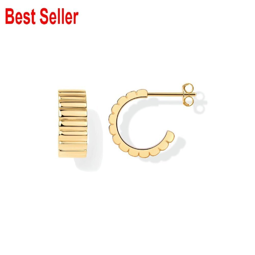 Chunky Ribbed Hoop Earrings Gold Plated Statement Boho Retro Trendy